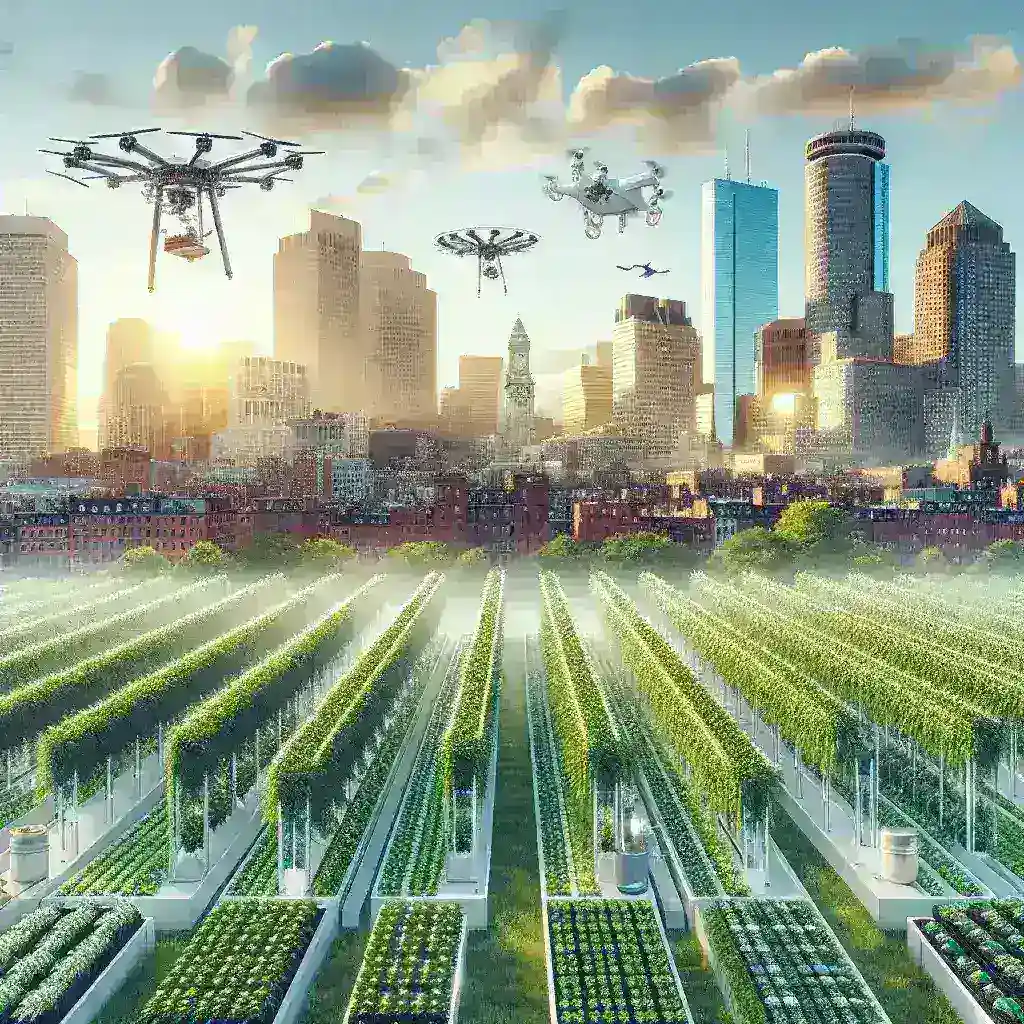 "Boston-based startup founders collaborating on AI-powered urban farming solutions, highlighting innovative technology and sustainable agriculture practices."